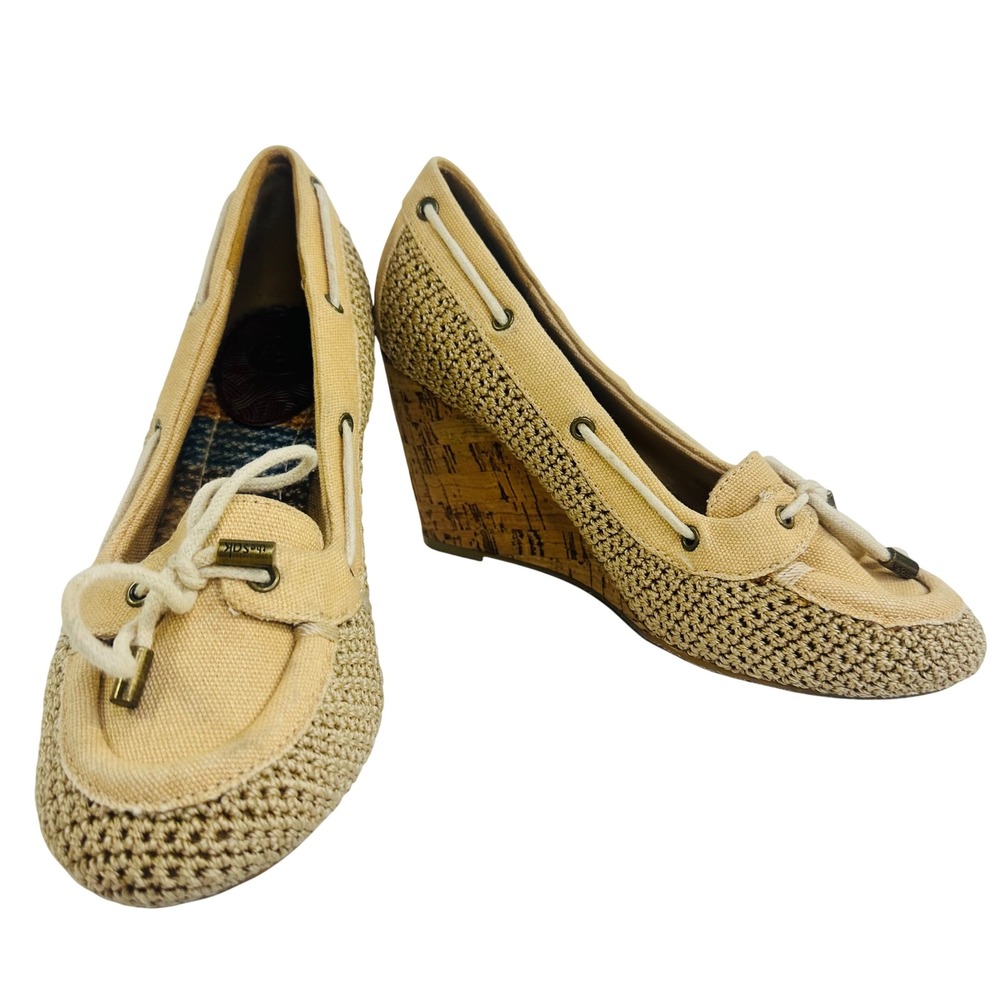 The Sak Tan Crochet Canvas Cork Wedge Pumps Boat Shoe Heels Womens 8.5